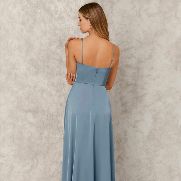 A-Line Side Slit Stretch Satin Floor-Length Dress Dusty Blue - Picture 3 of 3
